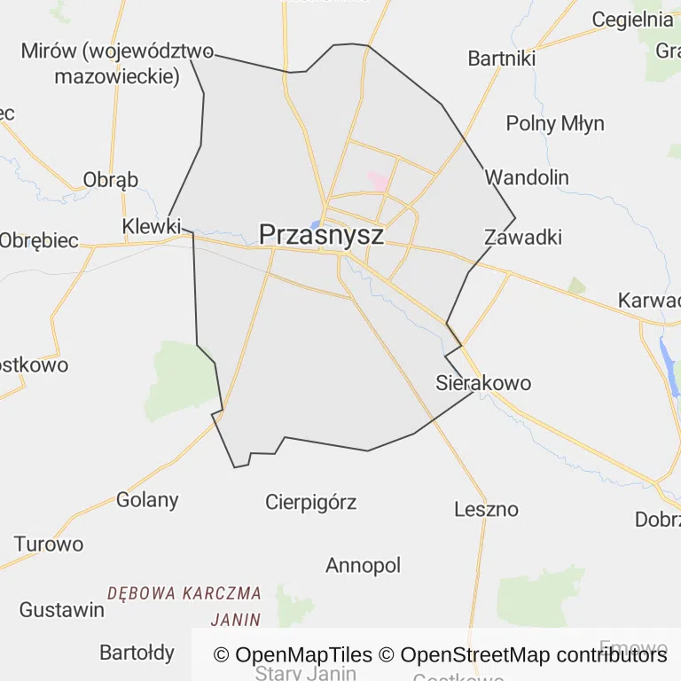 Mapa z zaznaczonym Przasnyszem