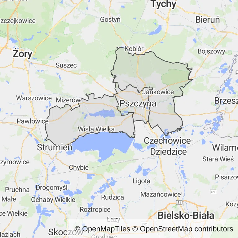 Mapa z zaznaczoną Pszczynem
