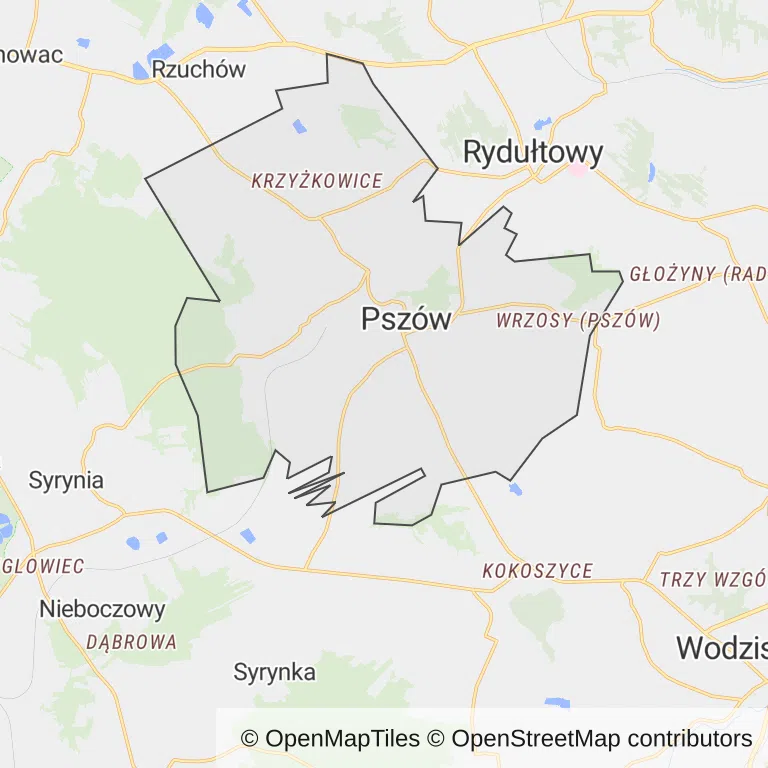 Mapa z zaznaczonym Pszowem