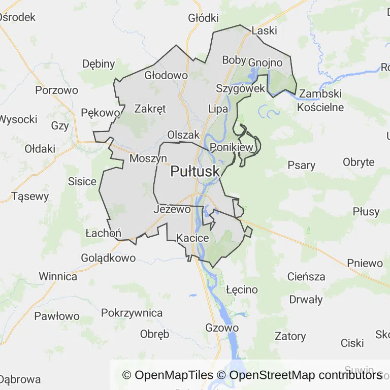 Mapa z zaznaczonym Pułtuskiem
