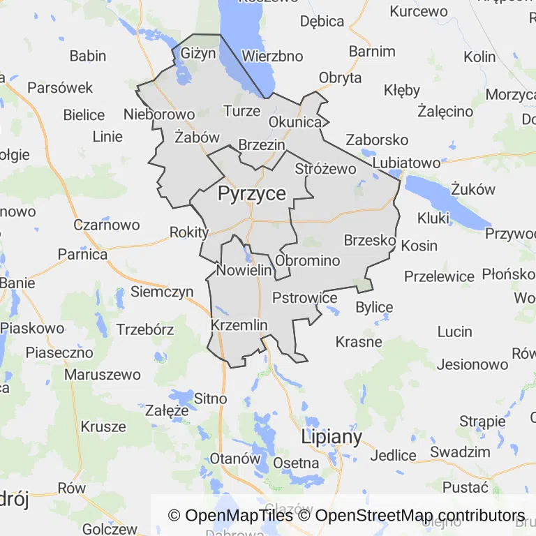 Mapa z zaznaczonymi Pyrzycami