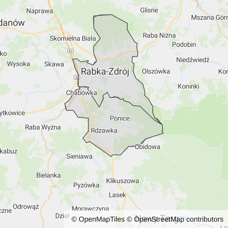 Mapa z zaznaczonym Rabce-Zdroju