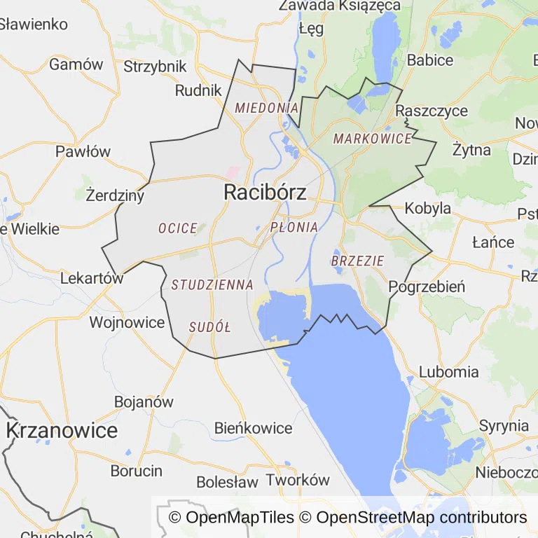 Mapa z zaznaczonym Raciborzem