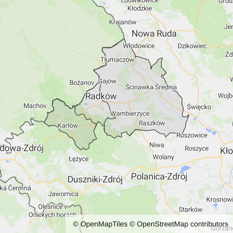 Mapa z zaznaczonym Radkowem