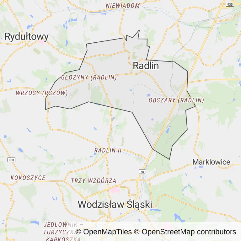 Mapa z zaznaczonym Radlinem