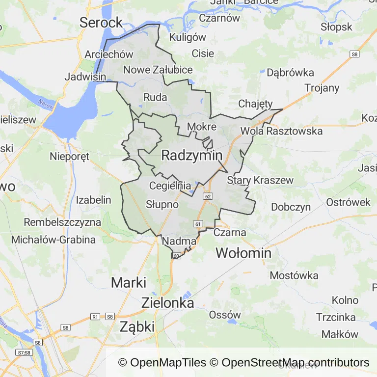 Mapa z zaznaczonym Radzyminem