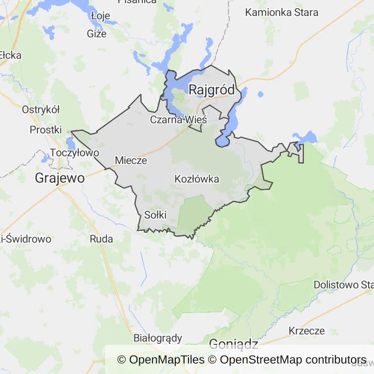 Mapa z zaznaczonym Rajgrodzem