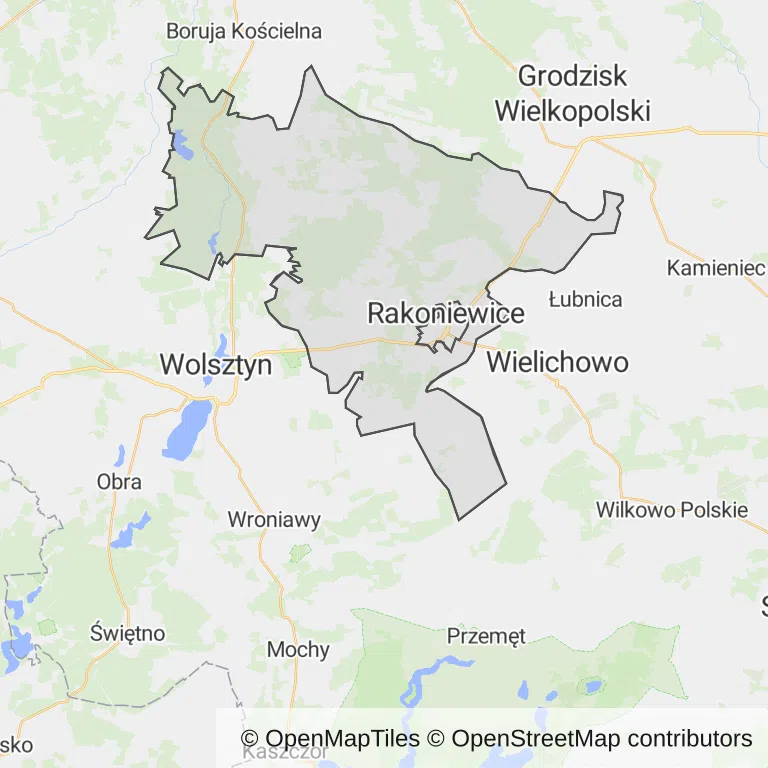 Mapa z zaznaczonymi Rakoniewicami