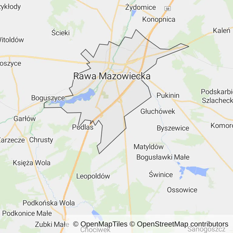 Mapa z zaznaczoną Rawie Mazowieckiej