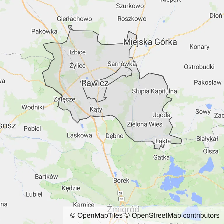 Mapa z zaznaczonym Rawiczem