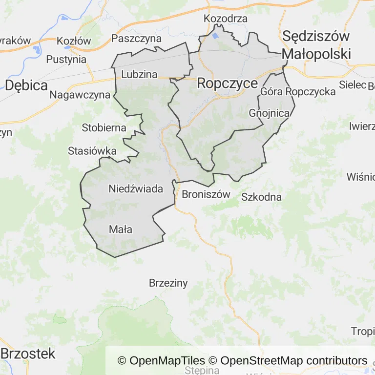 Mapa z zaznaczonymi Ropczycami