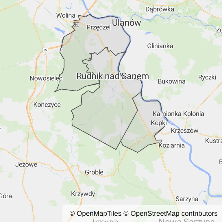 Mapa z zaznaczonym Rudniku nad Sanem