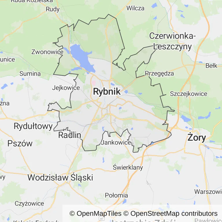 Mapa z zaznaczonym Rybnikiem