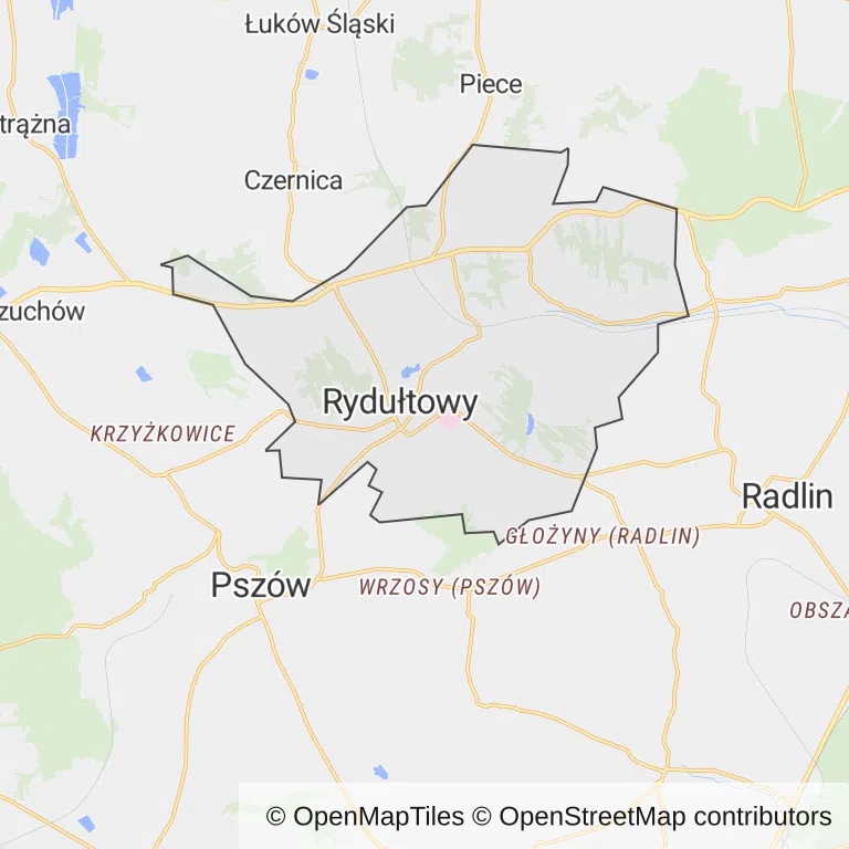 Mapa z zaznaczonym Rydułtowami