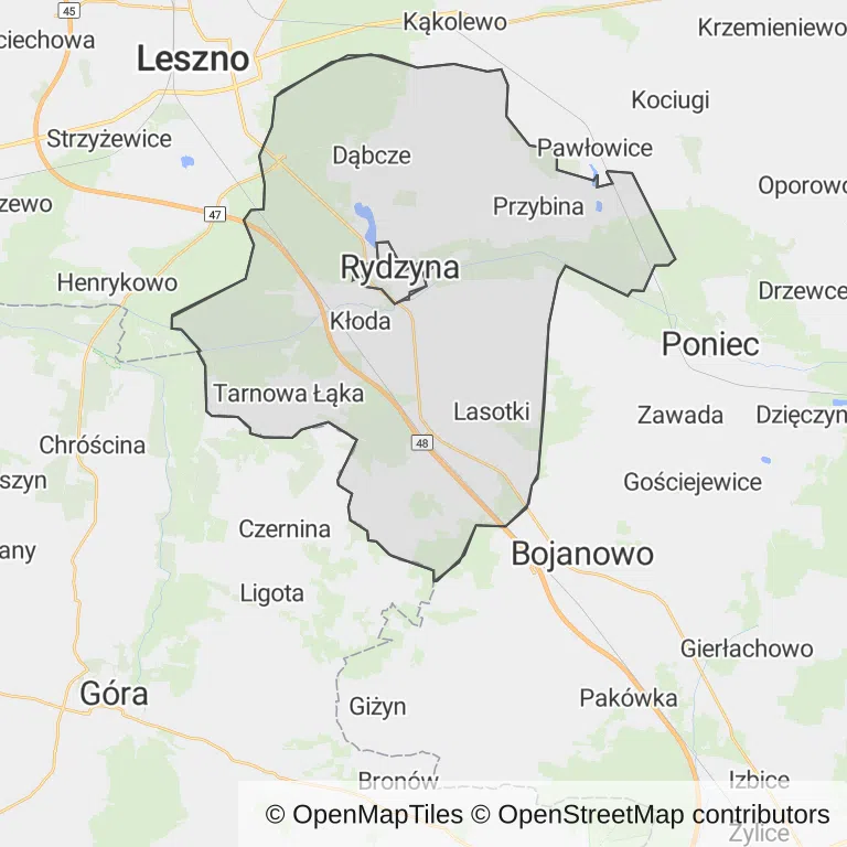 Mapa z zaznaczoną Rydzynem