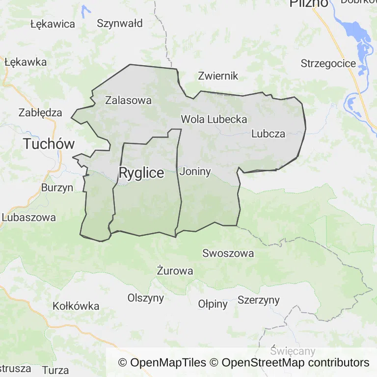 Mapa z zaznaczonymi Ryglicami