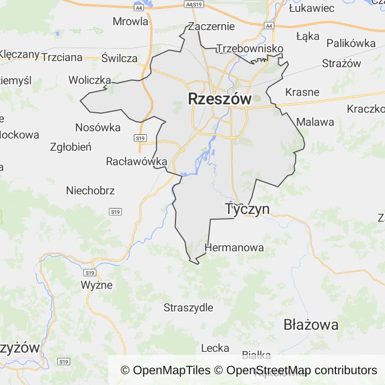 Mapa z zaznaczonym Rzeszowem