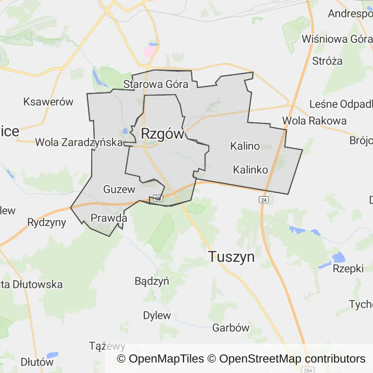 Mapa z zaznaczonym Rzgowem