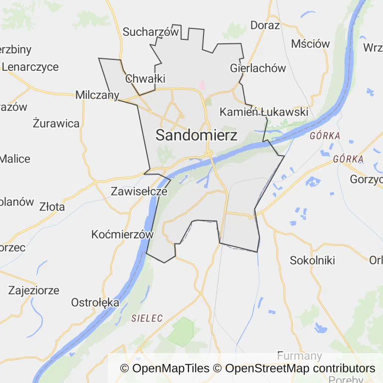 Mapa z zaznaczonym Sandomierzem