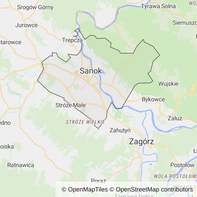 Mapa z zaznaczonym Sanokiem