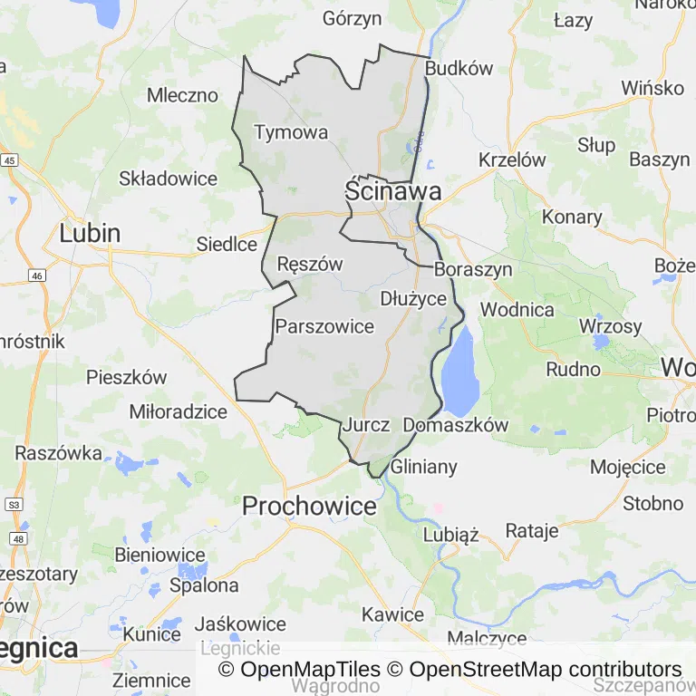 Mapa z zaznaczoną Ścinawem