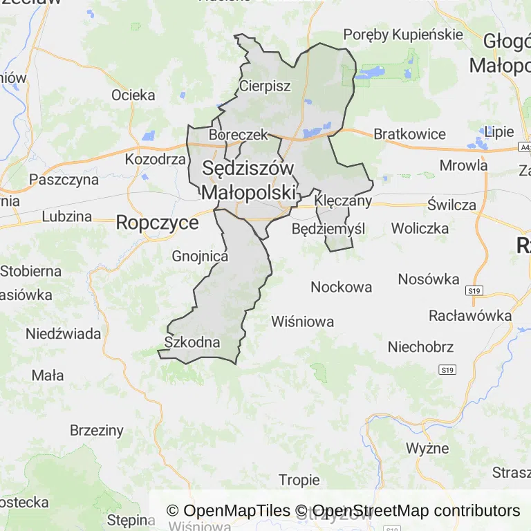 Mapa z zaznaczonym Sędziszowie Małopolskim