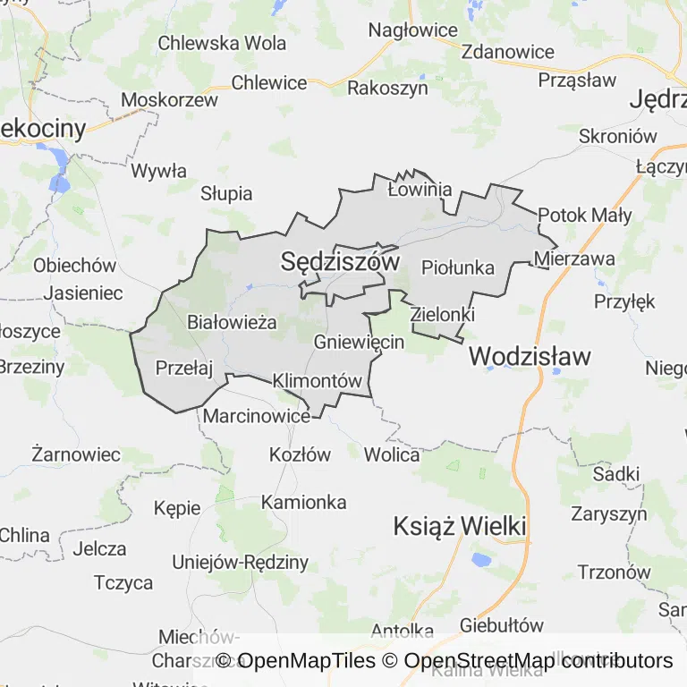 Mapa z zaznaczonym Sędziszowem