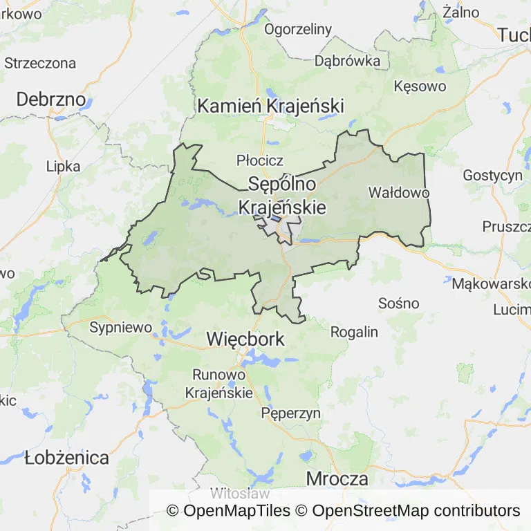 Mapa z zaznaczonym Sępólnie Krajeńskim