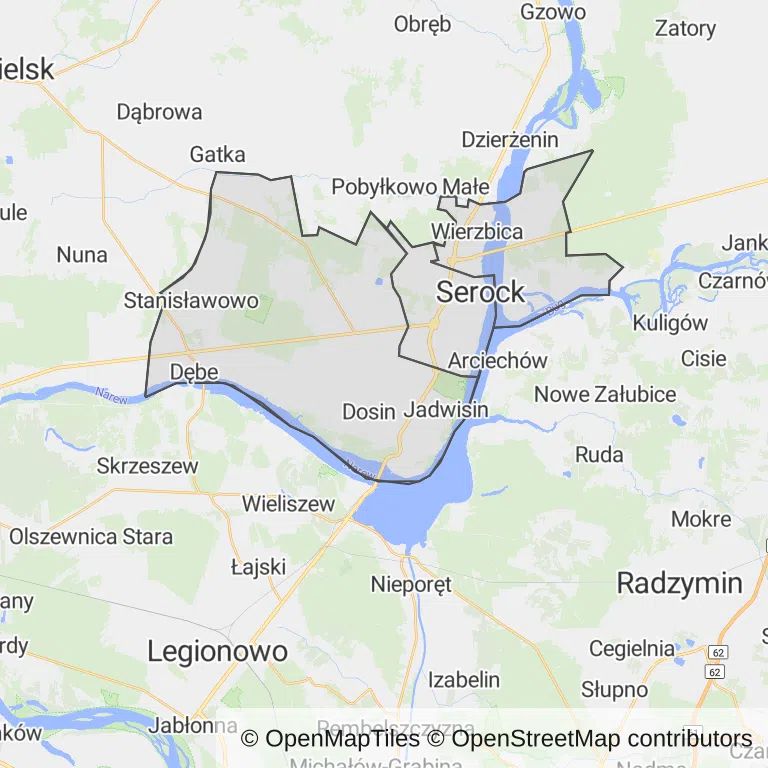 Mapa z zaznaczonym Serockiem