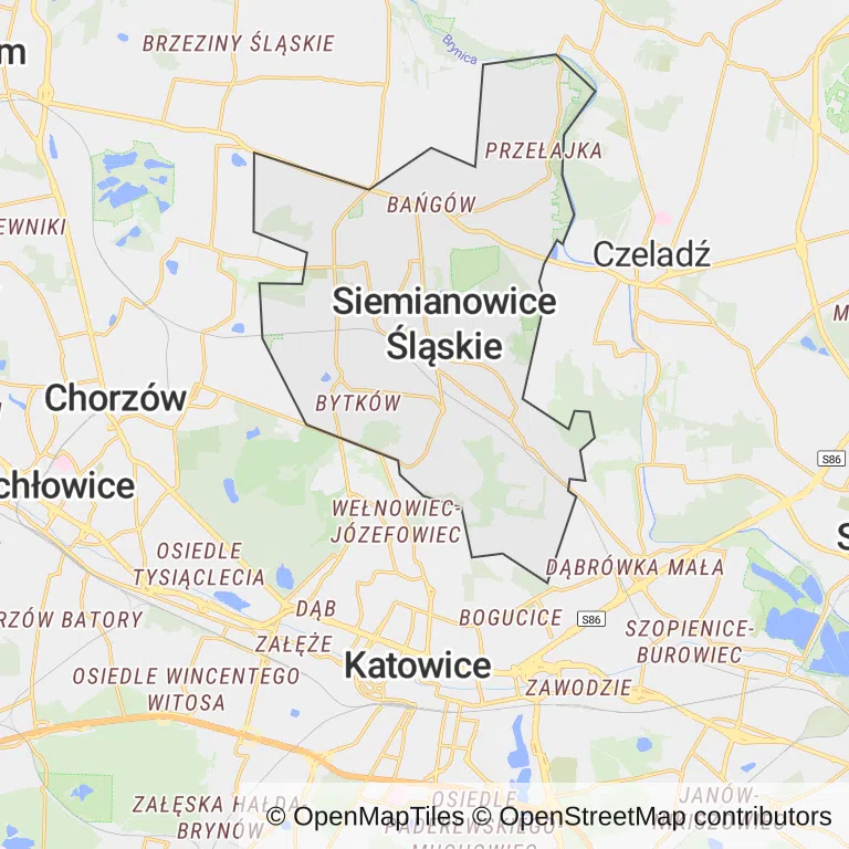 Mapa z zaznaczonym Siemianowicach Śląskich