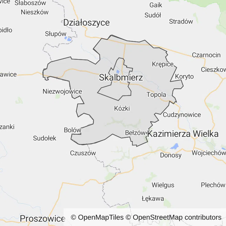 Mapa z zaznaczonym Skalbmierzem