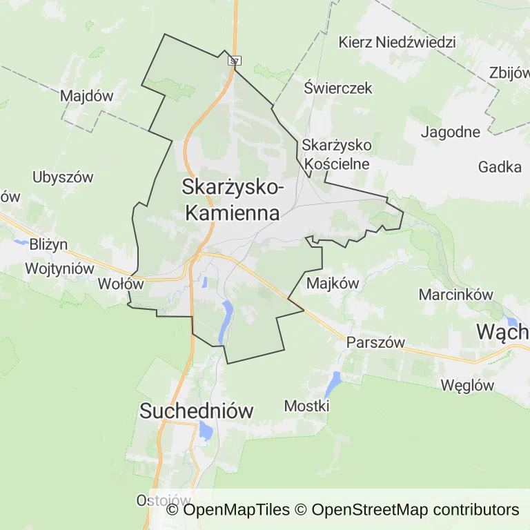 Mapa z zaznaczoną Skarżysku-Kamiennej