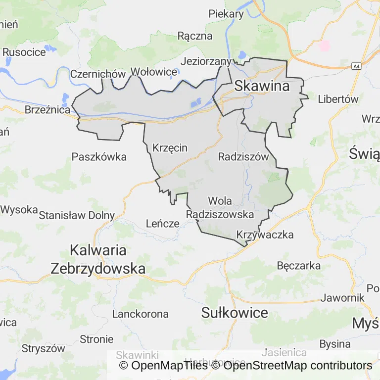Mapa z zaznaczoną Skawinem