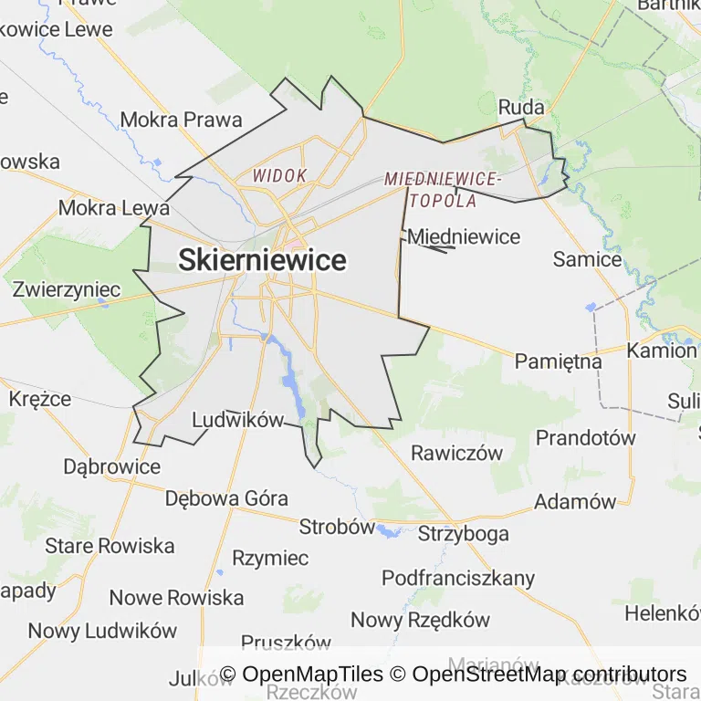 Mapa z zaznaczonymi Skierniewicami