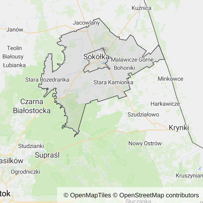Mapa z zaznaczoną Sokółką