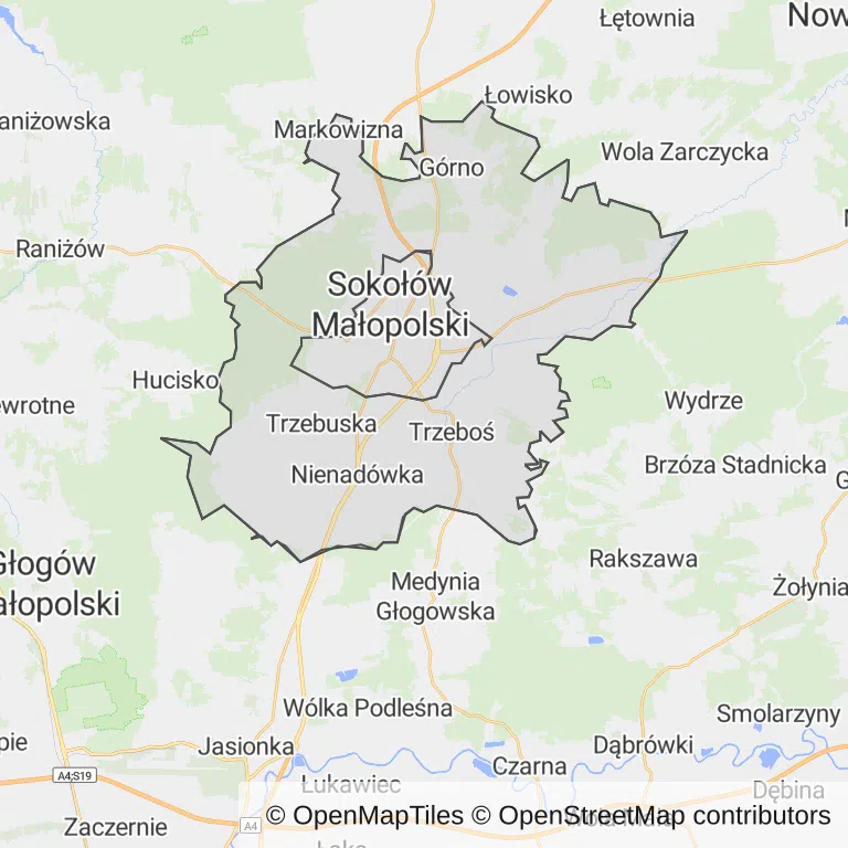 Mapa z zaznaczonym Sokołowie Małopolskim
