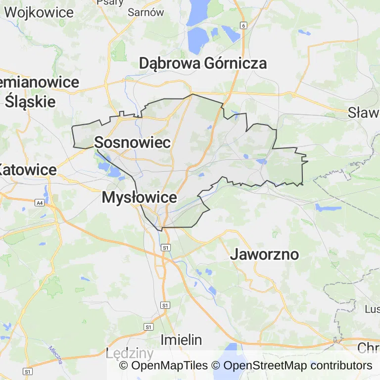 Mapa z zaznaczonym Sosnowcem