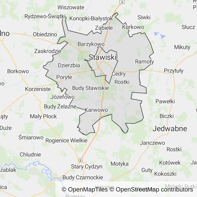 Mapa z zaznaczonym Stawiskami