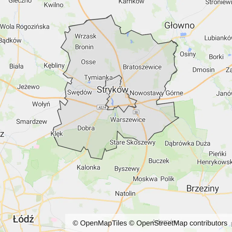 Mapa z zaznaczonym Strykowem