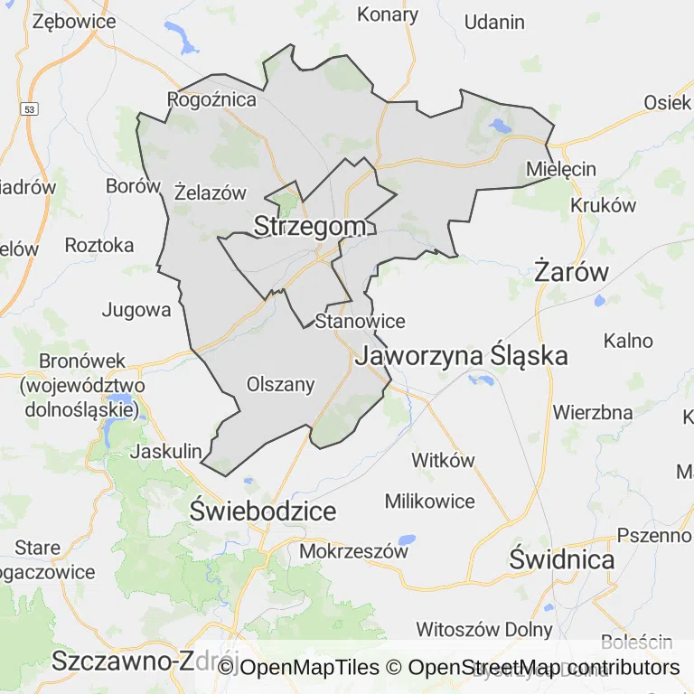 Mapa z zaznaczonym Strzegomiu