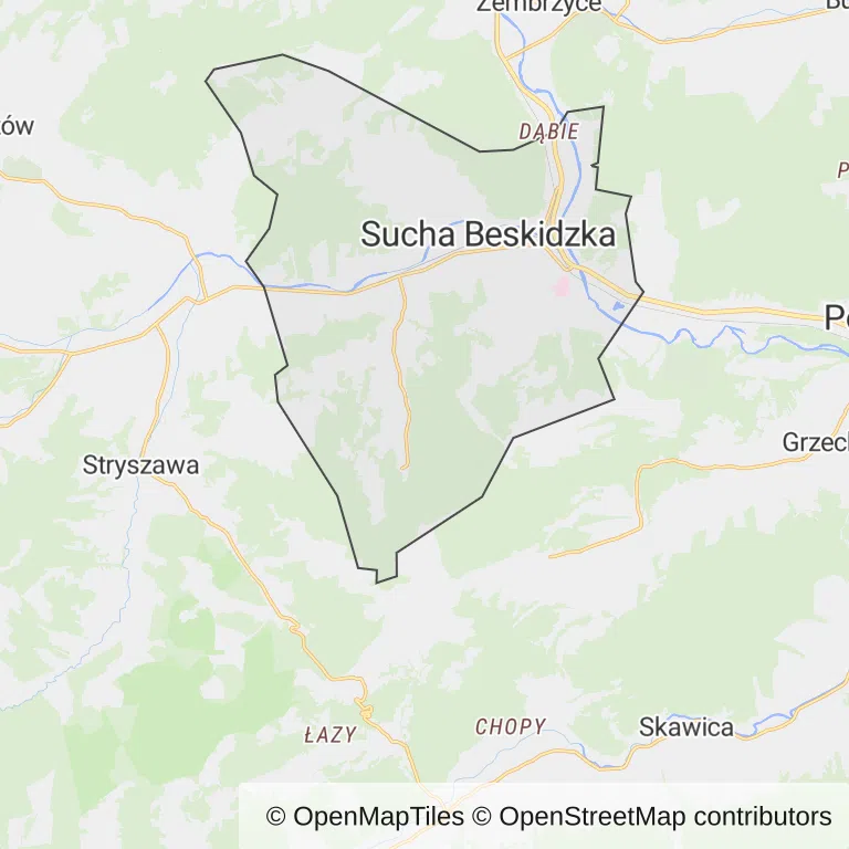 Mapa z zaznaczoną Suchej Beskidzkiej