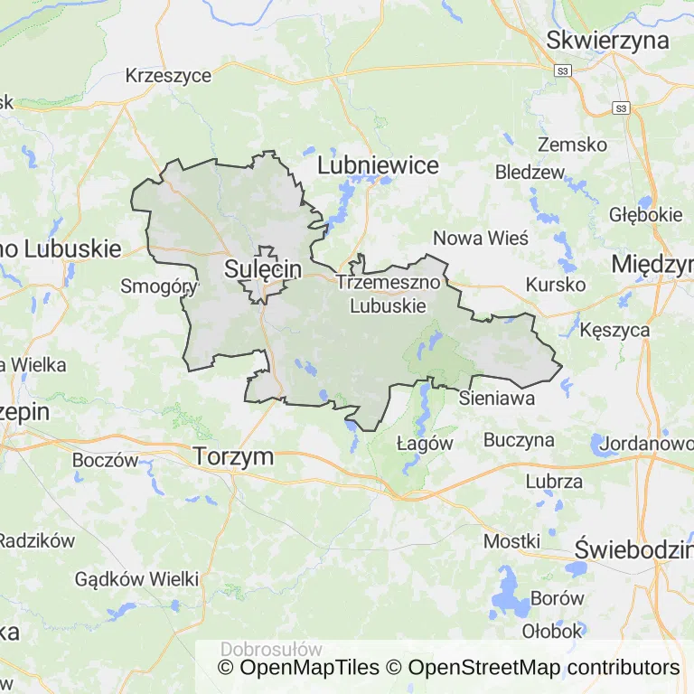 Mapa z zaznaczonym Sulęcinem