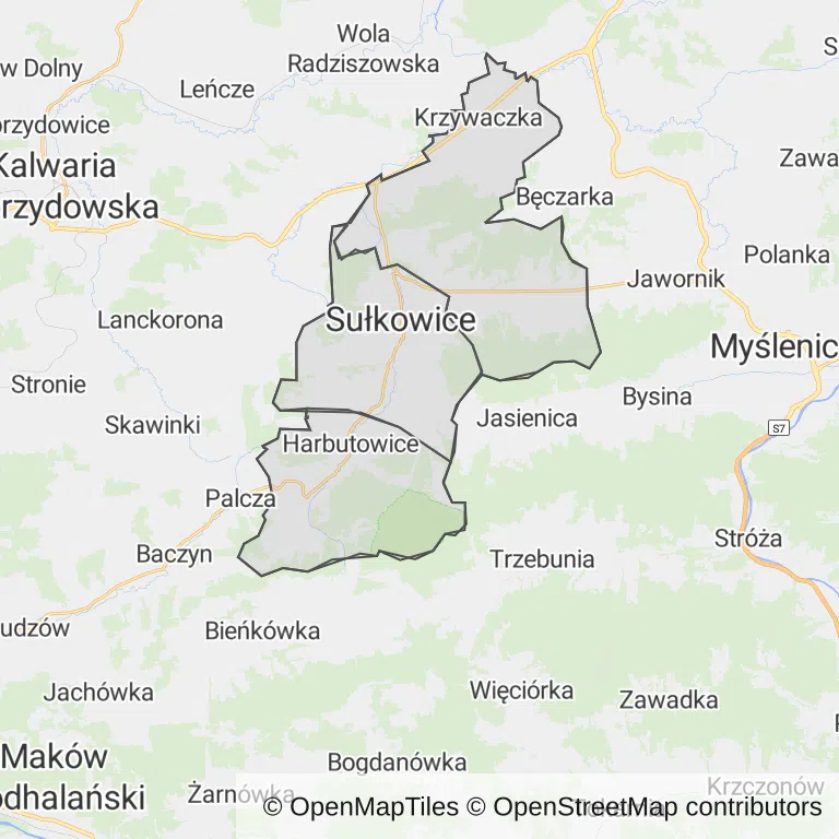 Mapa z zaznaczonymi Sułkowicami