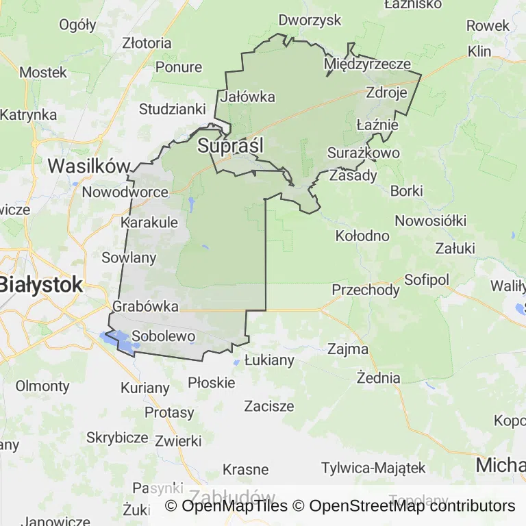 Mapa z zaznaczonym Supraślu