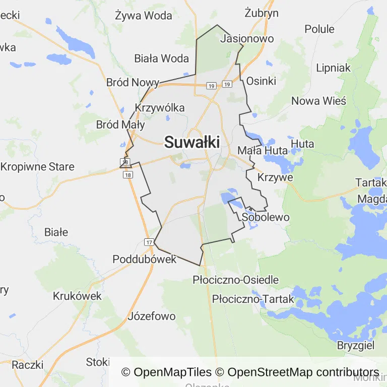 Mapa z zaznaczonym Suwałkami