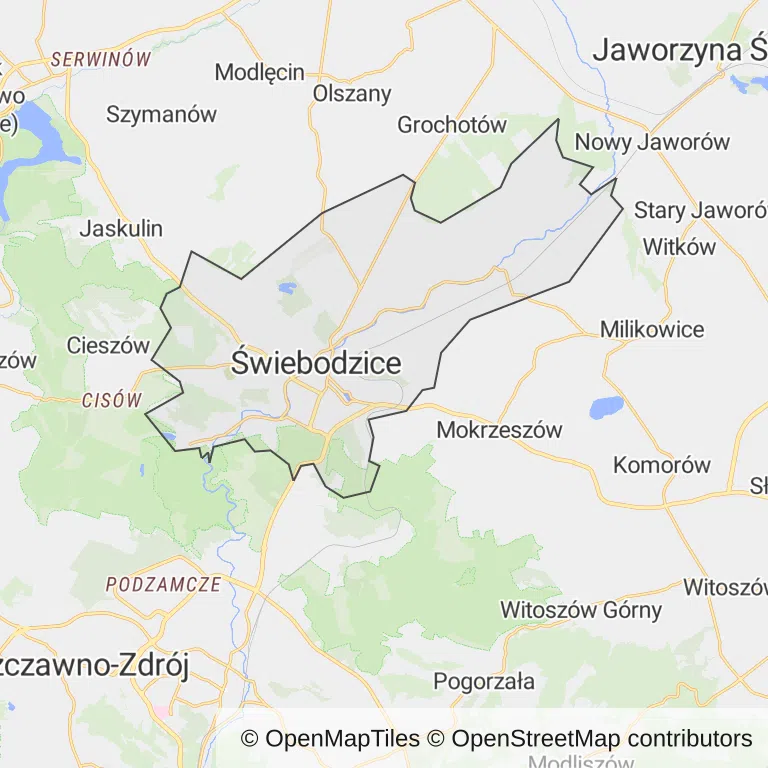 Mapa z zaznaczonymi Świebodzicami