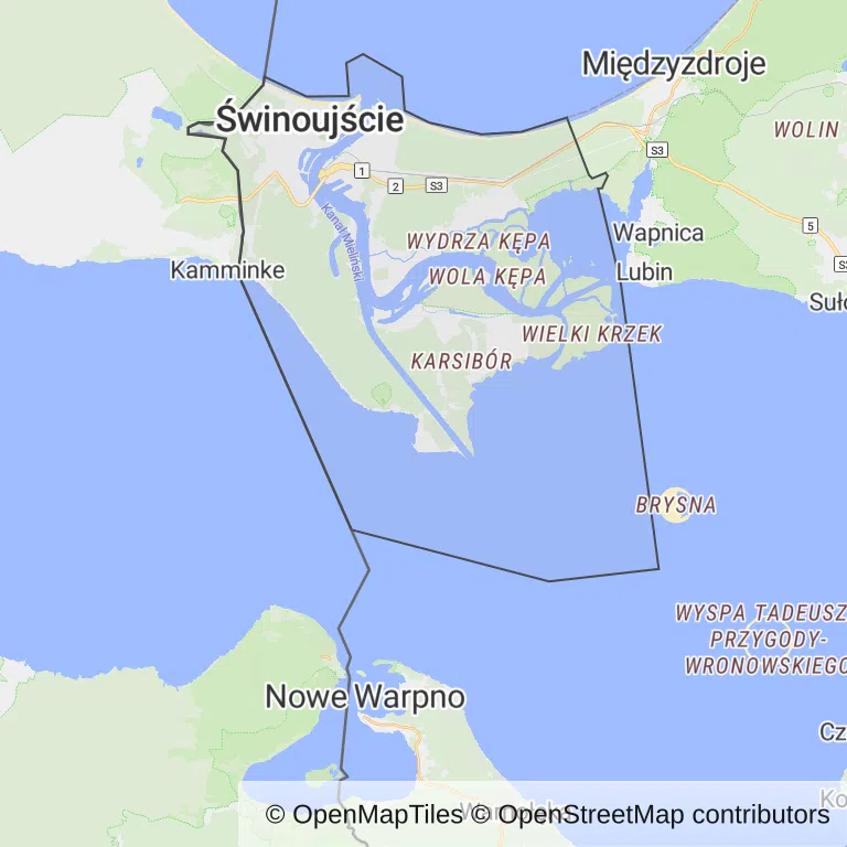Mapa z zaznaczonym Świnoujściu