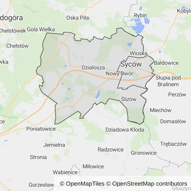 Mapa z zaznaczonym Sycowem