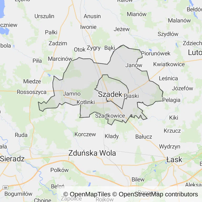 Mapa z zaznaczonym Szadkiem