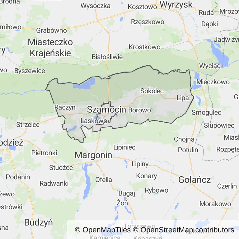 Mapa z zaznaczonym Szamocinem